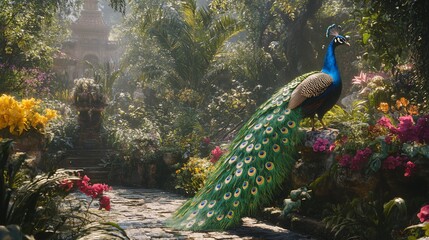 A majestic peacock with its tail feathers fanned out stands on a stone path in a lush tropical garden.