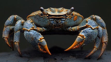 Close-up portrait of a blue crab with orange claws, facing the camera.