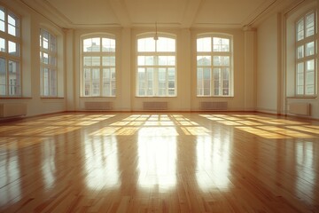 Obraz premium Natural light fills an empty room with polished wooden floors and large windows.