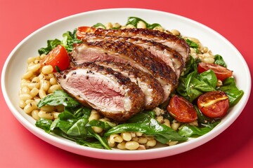 Sliced duck breast on a bed of arugula and cannellini beans garnished with cherry tomatoes offering a vibrant and healthy gourmet salad with rich protein and Mediterranean inspiration