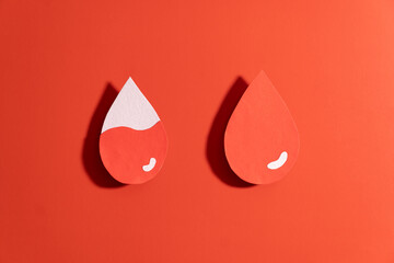 Blood drop with low blood level and normal level made from paper on red background. Concept of...