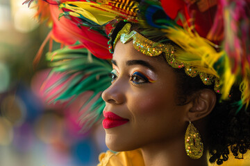 Naklejka premium Generative AI Portrait of a Smiling Woman in Colorful Carnival Costume Celebrating at a Vibrant Festival