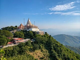 Stunning Architectural Photography of Mansa Devi Temple Perched Majestically on a Hill, Showcasing Exquisite Design and Serene Surroundings in the Heart of Nature