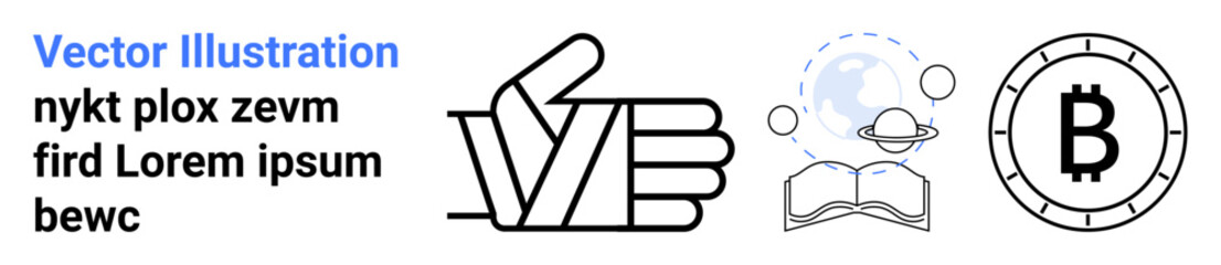 Hand gesture representing agreement, an open book with global elements for knowledge and connectivity, Bitcoin symbol for cryptocurrency. Ideal for education, finance, technology, global