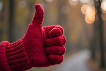 Red knitted glove giving thumbs up in autumn forest setting