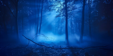Obraz premium Mysterious blue-lit forest scene with mist and shadows