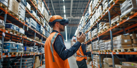 Warehouse worker using virtual reality technology for inventory management