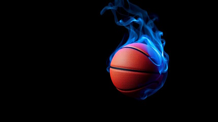 Fototapeta premium bright basketball ball in blue neon smoke on black background, free space for text.
