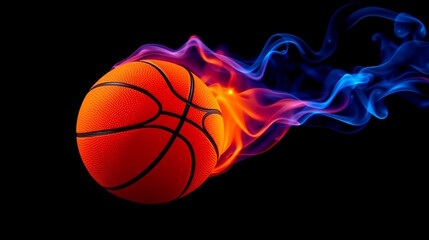 Fototapeta premium bright basketball ball in blue neon smoke on black background, free space for text.