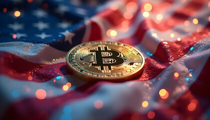 Bitcoin coin on American flag background with bokeh lights creating vibrant and dynamic atmosphere, symbolizing intersection of cryptocurrency and patriotism