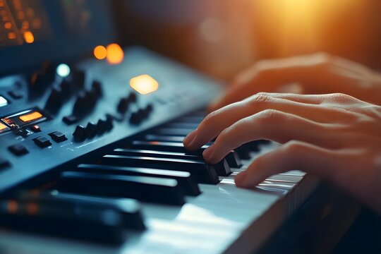 Hands playing piano and synthesizer, capturing the artistry of music creation and the beauty of performance, ideal for concepts of creativity, passion, and musical expression.