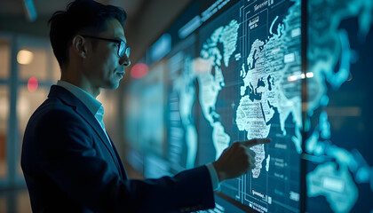 businessman interacting with digital world map, showcasing technology and global connectivity. scene conveys innovation and modernity