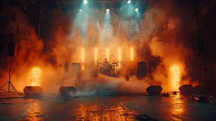 A stage bathed in orange light and smoke, with a drummer in the background, ready for a concert.