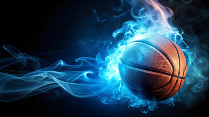 bright basketball ball in blue neon  smoke on black background, free space for text.