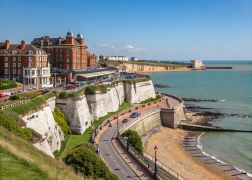 Stunning Coastal Landscape of Ramsgate, GB Showcasing the Vibrant Seafront, Historic Architecture, and Majestic Cliffs Under a Clear Blue Sky for Scenic Travel Inspiration