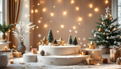 cozy Christmas scene featuring decorative trees, stars, and gifts. warm ambiance is enhanced by soft lighting and festive elements, creating joyful holiday atmosphere