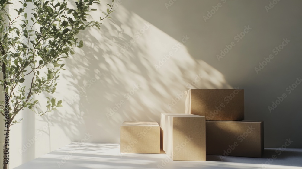 Poster A box stack is in front of a tree, with the boxes being brown