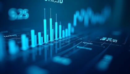 digital financial chart with blue bars and graphs representing data trends and analysis. background features abstract technology elements, conveying sense of modern finance