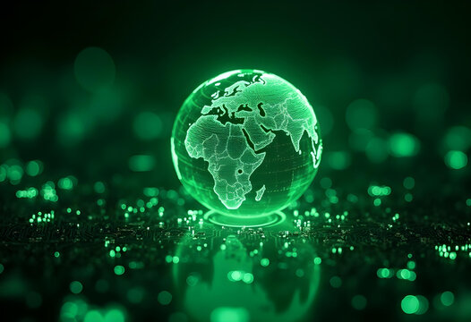 glowing green globe representing Earth, highlighting Africa and Europe, set against digital background with circuit patterns, symbolizing technology and sustainability