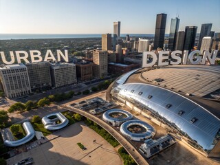 Stunning Drone Photography Showcasing Metallic Font Designs Over Urban Landscapes with Reflective Surfaces and Architectural Details for Modern Aesthetic Appeal