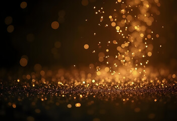 Golden bokeh lights create magical atmosphere, shimmering softly against dark background. sparkling particles evoke sense of wonder and celebration