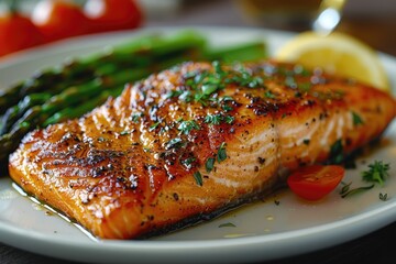 Close-up of Grilled Salmon with Asparagus and Herbs on a White Plate