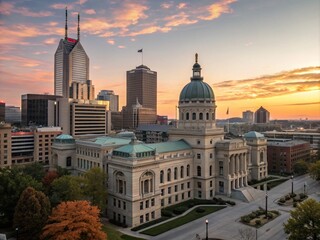 Stunning Indianapolis Skyline Featuring Historical Buildings and Museums in Indiana, Showcasing the Rich Architectural Heritage of the City Against a Vibrant Sunset