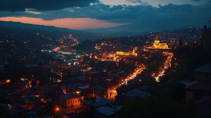 Obraz premium A panoramic view of a city at night with the lights of the buildings and streets glowing in the darkness.