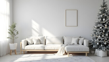 Modern living room with white sofa, cozy blanket, and Christmas tree