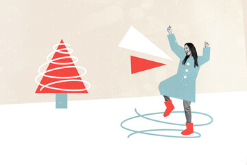 Creative collage picture of excited black white colors girl dancing snow painted clothes tree...
