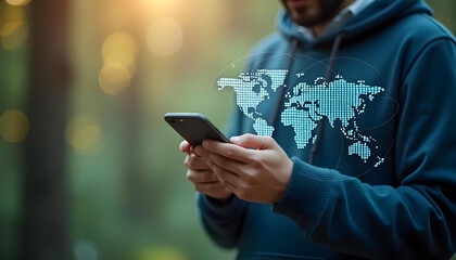 person using smartphone in forest, with digital world map overlay, symbolizes global connectivity and technology