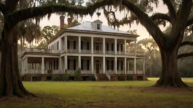 A grand white antebellum mansion sits on a sprawling lawn: framed by moss-draped trees. The home's classic architecture and serene surroundings create a sense of timeless elegance.