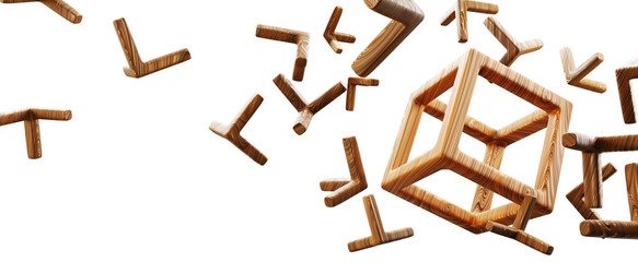 3d abstract geometric wireframe cube block on transparent background png render. Falling square box grid shape with wood texture and flying futuristic fragments, digital technology. 3D illustration