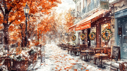 A watercolor digital art of a charming city street lined with cafes, adorned with autumn wreaths and leaves swirling in the crisp air, featuring soft and vibrant hues, crystal-clear focus on 