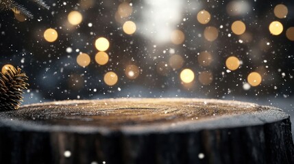 A wooden tree stump with snow and pine branch in the foreground, with a blurred background of golden lights and snow falling.