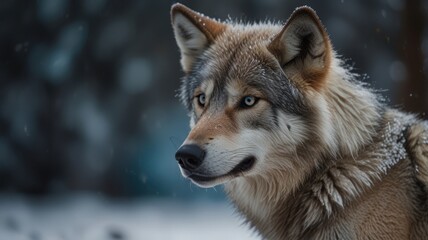 Obraz premium A wolf with piercing blue eyes stares intently into the distance, snow falling around it.