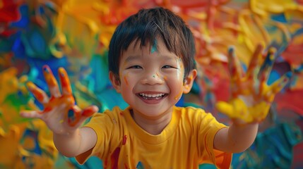 Surrounded by a spectrum of backgrounds, an adventurous Asian boy's daring pose symbolizes his fearless spirit and love for adventure