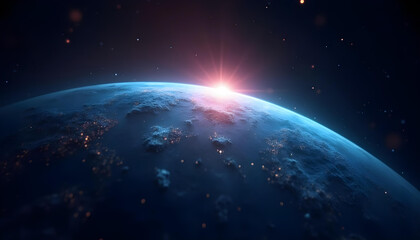 Fototapeta premium stunning view of Earth from space, showcasing planet surface and bright sunrise on horizon, evoking sense of wonder and exploration