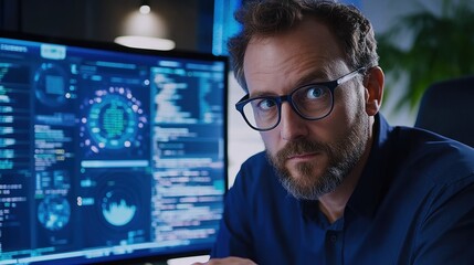 A Focused IT Professional Analyzes Data Trends on Multiple Screens While Working Late at a Modern Office in the City, Highlighting Dedication to Technology and Innovation