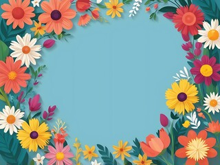 Obraz premium Colorful Paper Flowers Border on Light Blue Background
