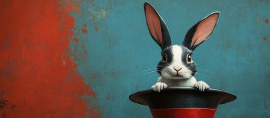 A black and white rabbit peeks out from a black top hat with red trim against a blue and red painted background.