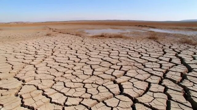 A stark landscape of cracked, dry earth illustrates severe drought conditions, highlighting environmental challenges.