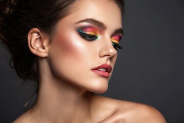 Fototapeta premium A close up view of a model showcasing stunning makeup with bold, colorful eyeshadow in pink, yellow, and green. The glowing skin highlights her features beautifully against a dark background, enhancin