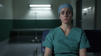 A Worried Female Medical Professional Sits on a Bench in a Dimly Lit Hospital Corridor, Reflecting on a Challenging Situation She Encountered During Her Shift