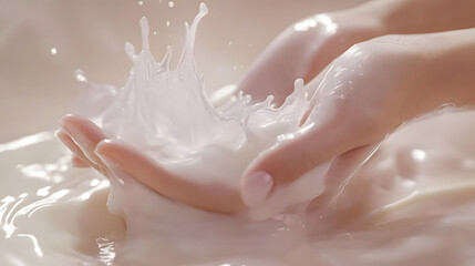 Fototapeta premium Fresh milk pouring from a glass bottle into a clear glass, sunlight illuminating the pure white color of the milk