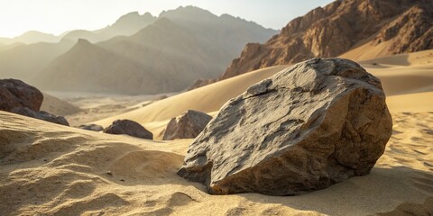 Stunning Product Photography of a Rock on a Sandy Mountain Landscape, Capturing Nature's Beauty with Textures and Colors, Ideal for Nature Lovers and Outdoor Enthusiasts