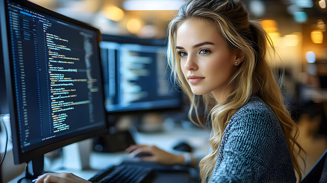 Woman Coding on Computer - Realistic Image