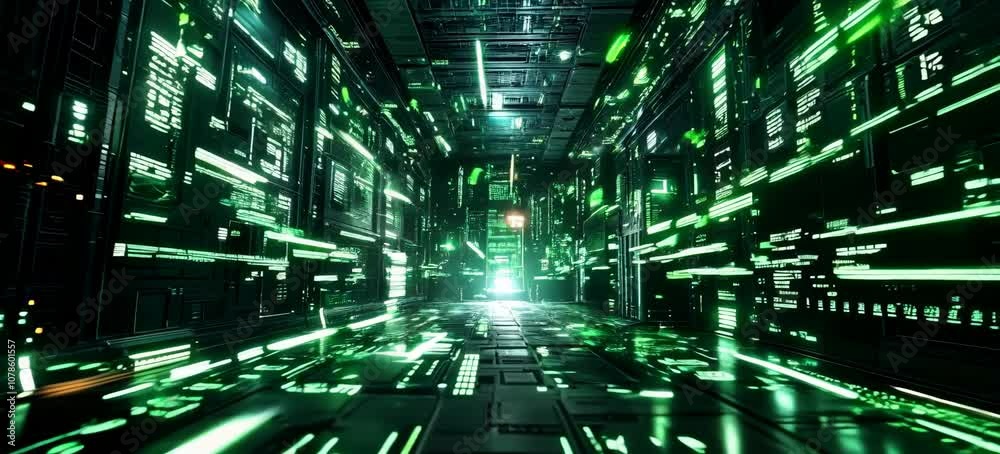 Poster Green matrix virtual digital space portal technology background. Generative video AI technology.	
