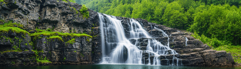 Obraz premium Breathtaking waterfall cascading over rocks into a serene pool, surrounded by lush greenery. A perfect capture of nature's beauty and tranquility.
