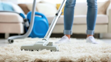 Fototapeta premium Housewife in casual clothes and slippers cleaning floor with modern upright vacuum cleaner. Young woman using vacuum cleaner at home, close-up